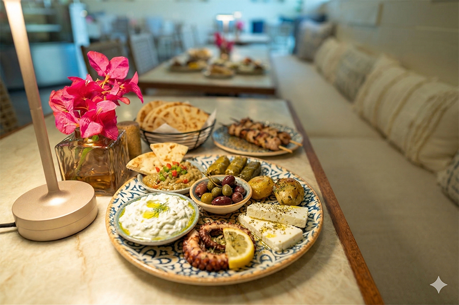 Colorful Mediterranean meza arranged for sharing.