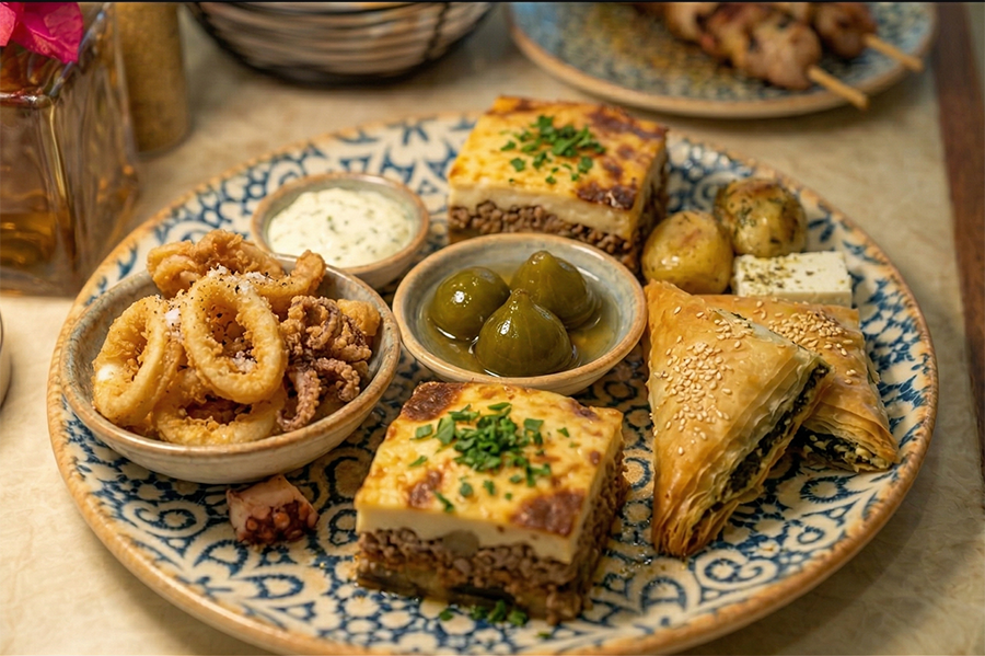 A platter that features two square portions of golden-brown moussaka topped with fresh herbs, several triangular pieces of flaky, sesame-seeded spanakopita, and a bowl of crispy, golden-fried calamari rings. Small side bowls contain creamy dipping sauce and green olives, with roasted potatoes and feta cheese visible in the background, all set on a marble tabletop next to a pink bougainvillea floral arrangement.
